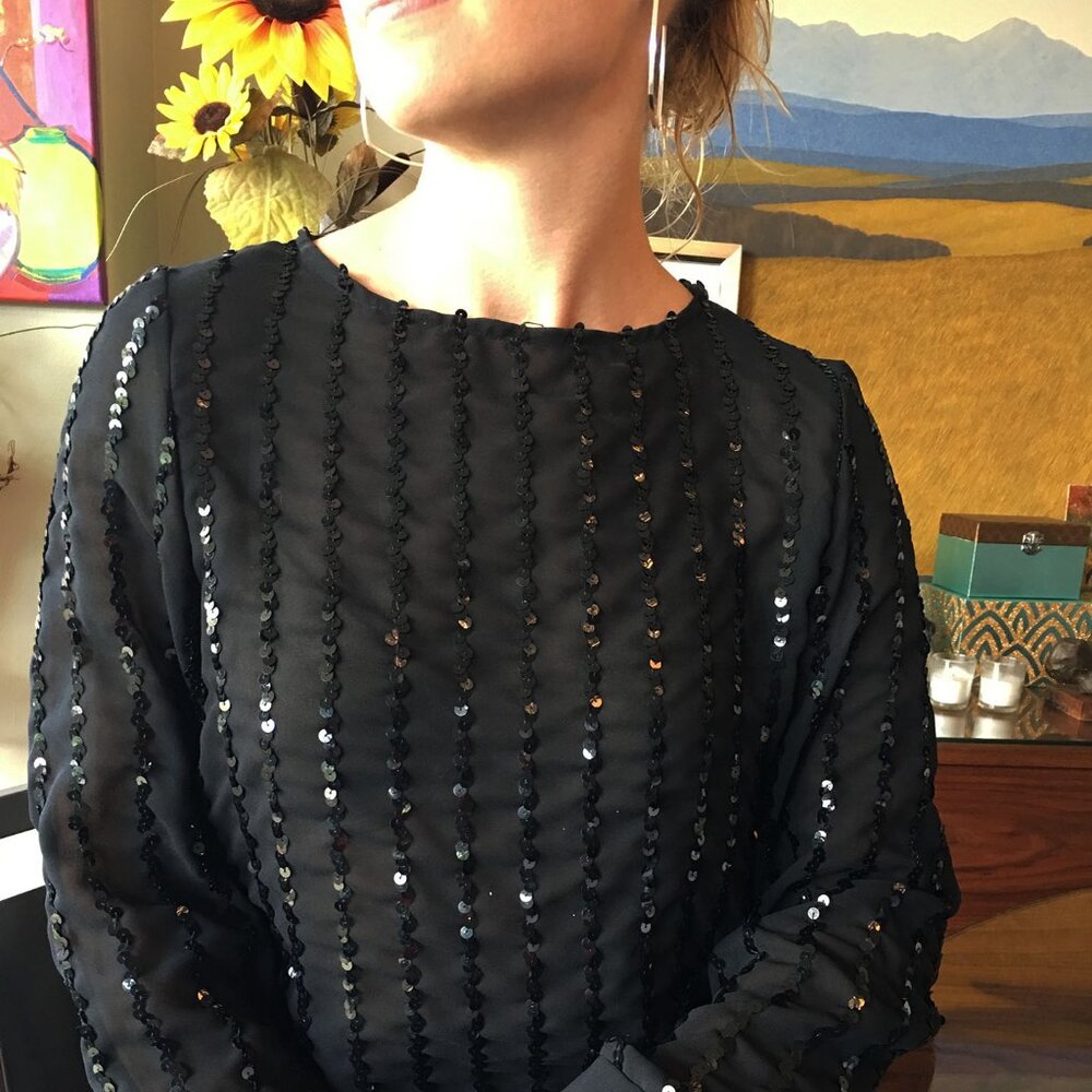 Vintage 1980s Long Sleeve Sheer Black Sequin Evening Blouse -- Not Too Sheer.